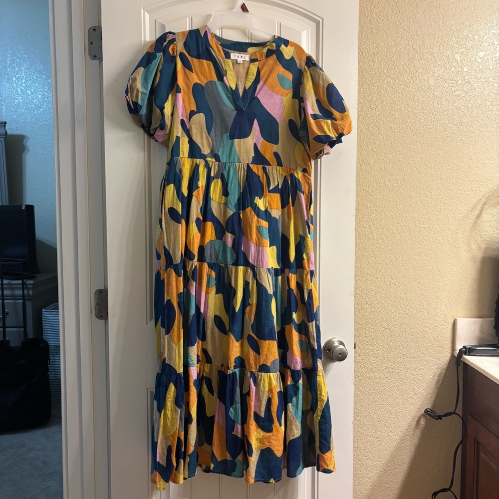 THML Yellow and Blue Puff Sleeve Midi Sundress